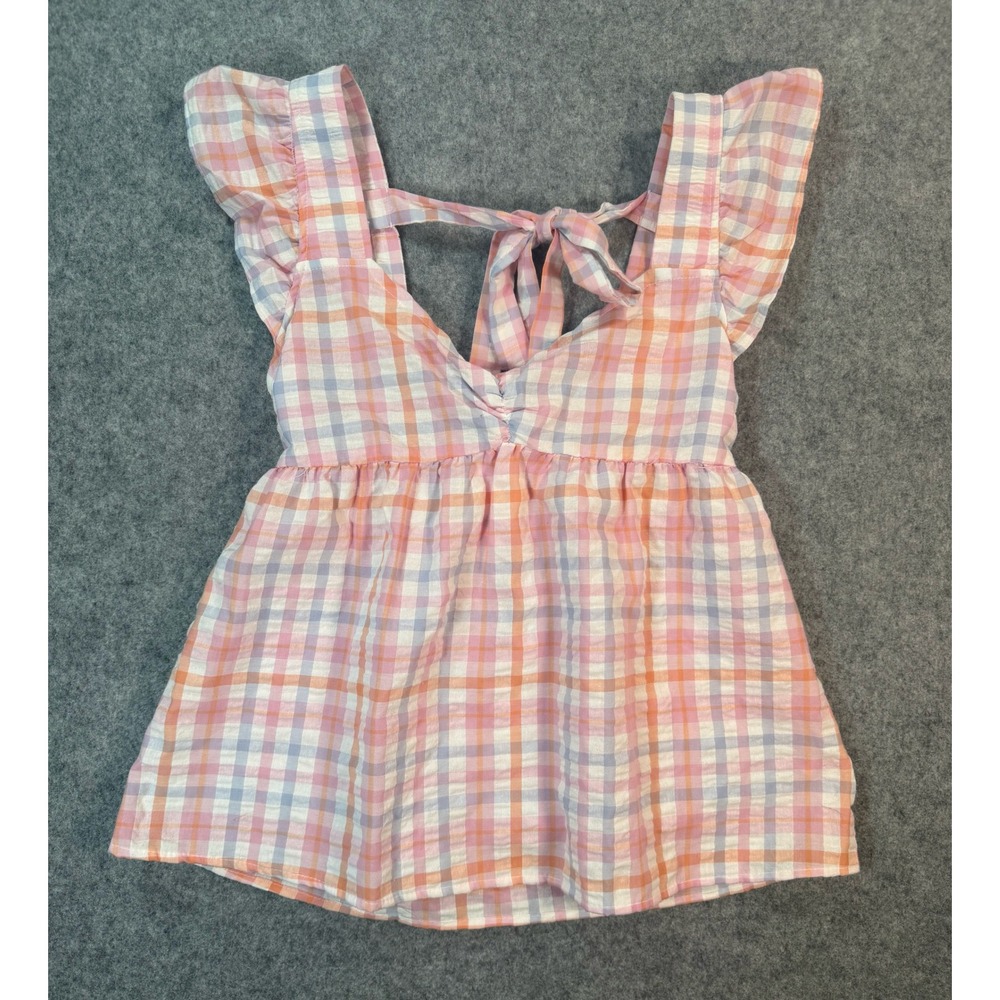 Blu Pepper Pink Plaid Babydoll Top Ruffle Sleeve Tie Back Checkered Small